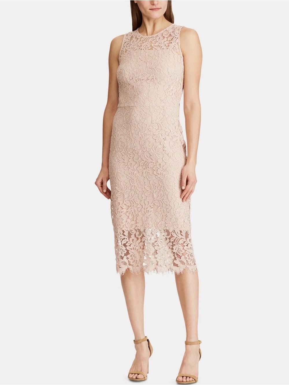 Ralph Lauren Sleeveless Lace Midi Dress in Blush Pink